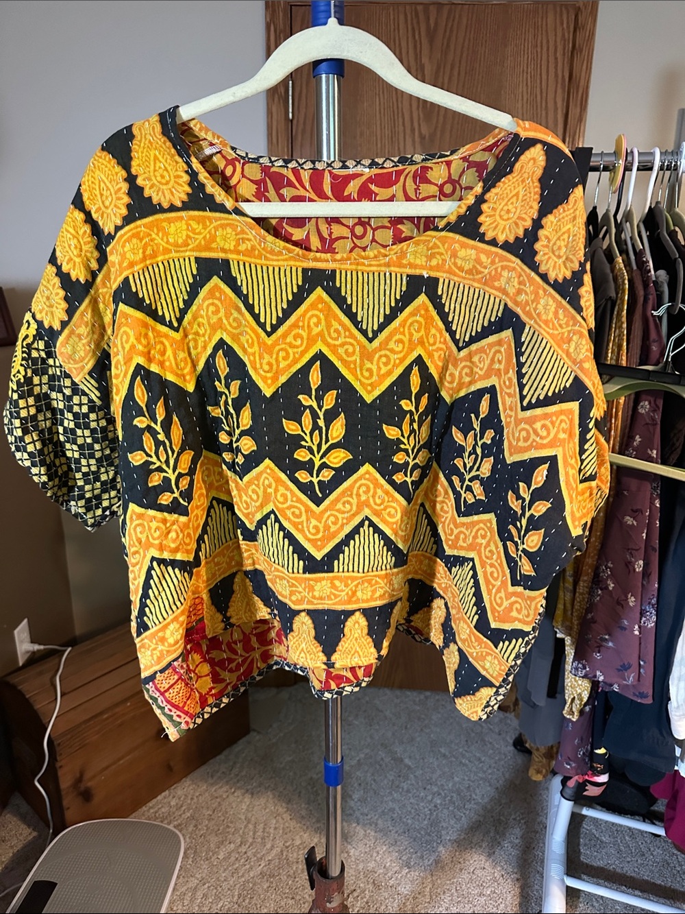 Bohemian Yellow & Black Printed Kantha  Top